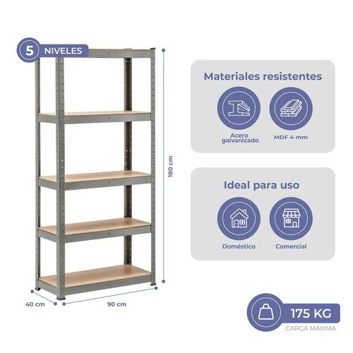 Behmont - IMP - Almacenamiento - Estante modulo 180 x 90 x 40 - 5 estantes - 100 kg por estante - Galvanizado (3)