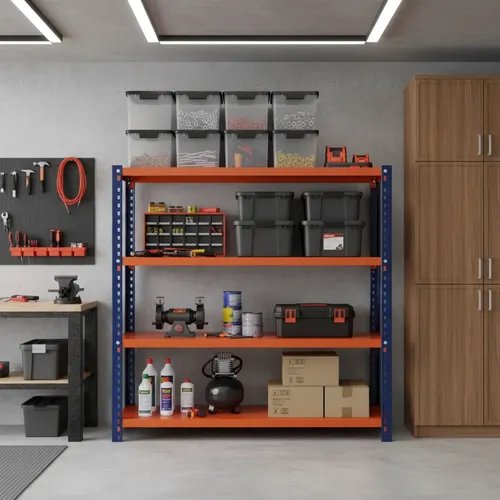 Behmont - IMP - Almacenamiento - Rack 200 x 120 x 40 inicial - 5 estantes - 100 kg por estante - Azul-naranja (4)