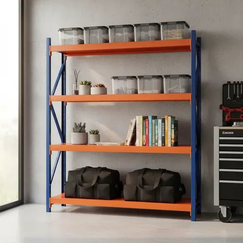 Behmont - IMP - Almacenamiento - Rack 200 x 200 x 100 continuo - 4 estantes - 400 kg por estante - Azul-naranja (3)