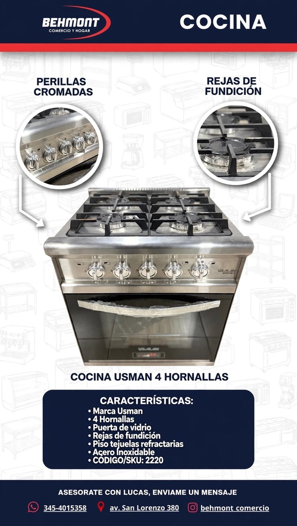 Usman - Cocina 4 H. - Puerta de vidrio - Rejas de fundicion - Piso tejuelas refractarias - 55 cm (4)