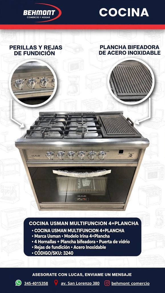 Usman - Cocina multifuncion 4 H. - Con plancha - Puerta de vidrio - Rejas de fundicion - Piso tejuelas refractarias - 90 cm (3)