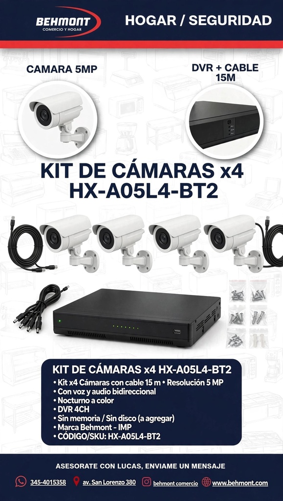 Behmont - IMP - Hogar - Kit de Camaras x4 - Sin memoria - C/DVR, cable 15 m - Resolucion 5 MP con voz y nocturno a color (2)