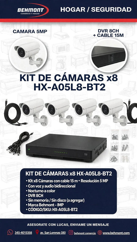 Behmont - IMP - Hogar - Kit de Camaras x8 - Sin memoria - C/DVR, cable 15 m - Resolucion 5 MP con voz y nocturno a color (2)