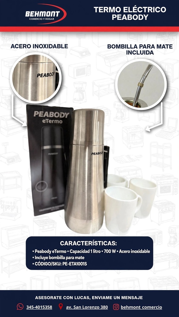 Peabody - Termo electrico 1 L 700 W - Incluye bombilla - Acero inox. (3)