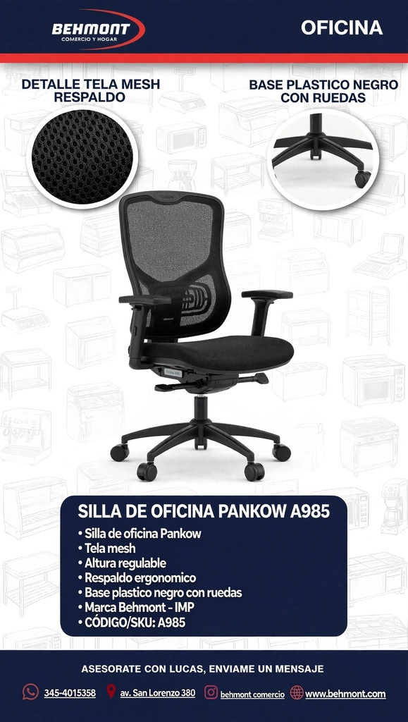 Behmont - IMP - Oficina - Silla de oficina Pankow - Tela mesh - Altura regulable - Negro (18)