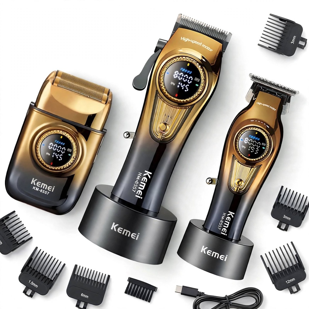 Behmont - IMP - Kemei - Kit clipper + trimmer + shaver inalambrico - Regulador RPM - Lubricante, cepillo de limpieza y base de carga (3)