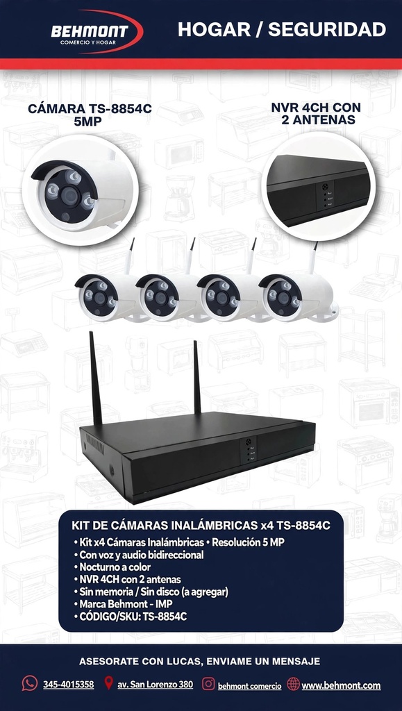[TS-8854C] Behmont - IMP - Hogar - Kit de Camaras Inalambricas x4 - Sin memoria - C/DVR - Resol. 5 MP con voz y nocturno a color