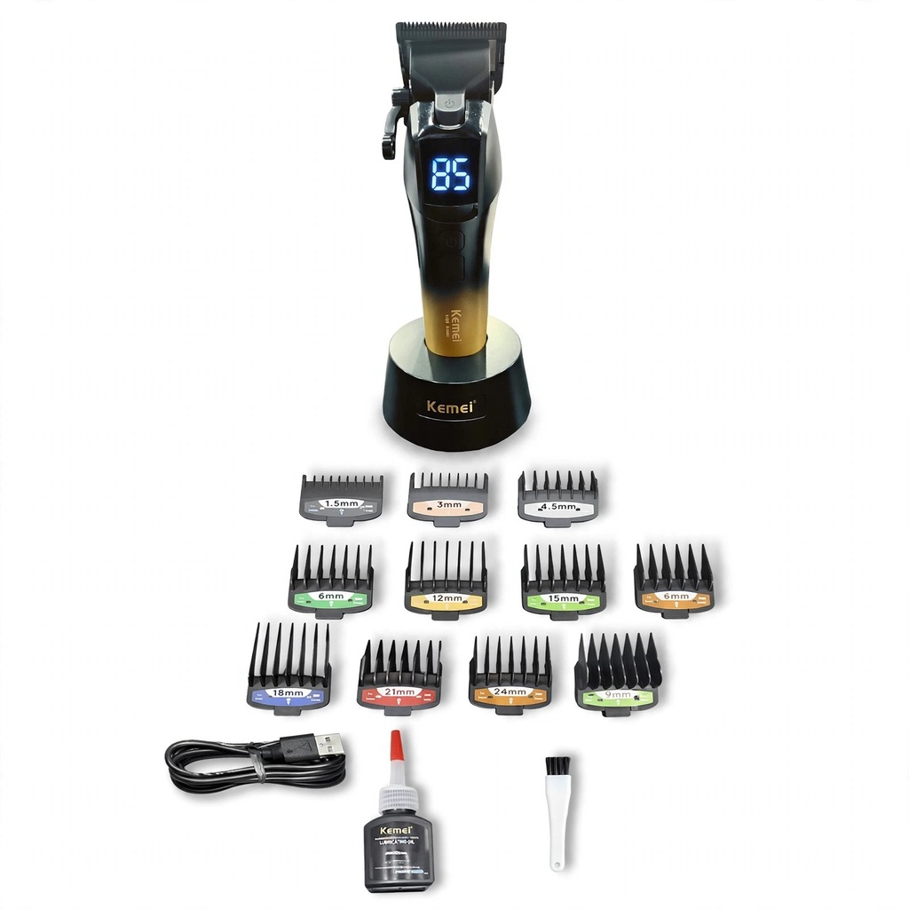 [LFJ-KM-1858A] Behmont - IMP - Kemei - Clipper inalambrico - 10 posiciones - 1.5 a 24 mm - Lubricante, cepillo de limpieza y base de carga