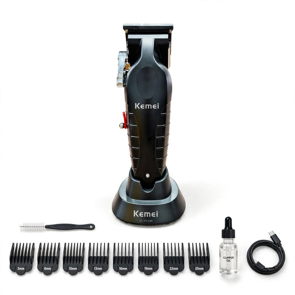 [LFJ-KM-2296] Behmont - IMP - Kemei - Clipper inalambrico - 8 posiciones - 3 a 25 mm - Lubricante, cepillo de limpieza, base de carga
