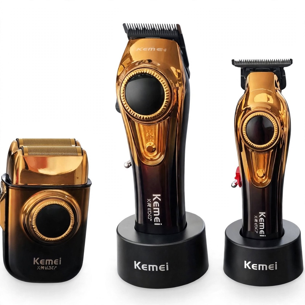 [LFJTXD-KM-8557] Behmont - IMP - Kemei - Kit clipper + trimmer + shaver inalambrico - Regulador RPM - Lubricante, cepillo de limpieza y base de carga