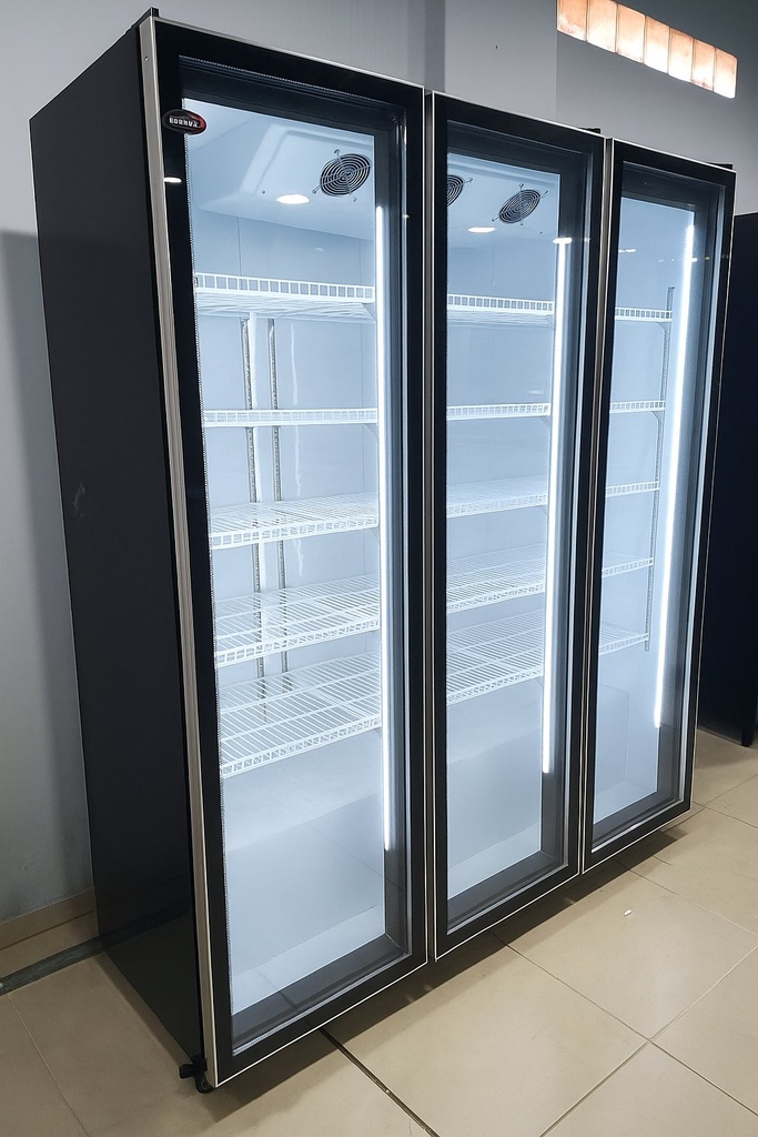 [LF-1440] Behmont - IMP - Refrigeracion - Exhibidora vertical 1440 L Full Glass - 3 puertas - Marco aluminio - 5 estantes - Negro
